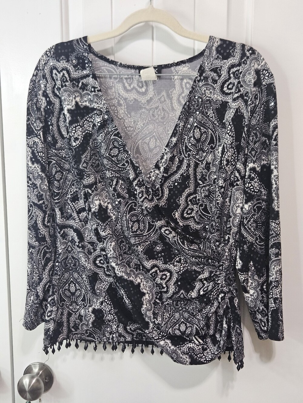 Sequin and Beaded Black & White Paisley Wrap Top